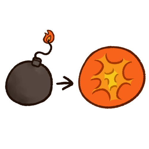 A drawing of a bomb with a lit wick on the left. To its right is an orange circle with yellow-orange explosion lines inside of it. A small black arrow between them points from the bomb to the explosion.
